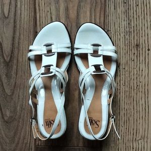 Strappy white wedge sandals